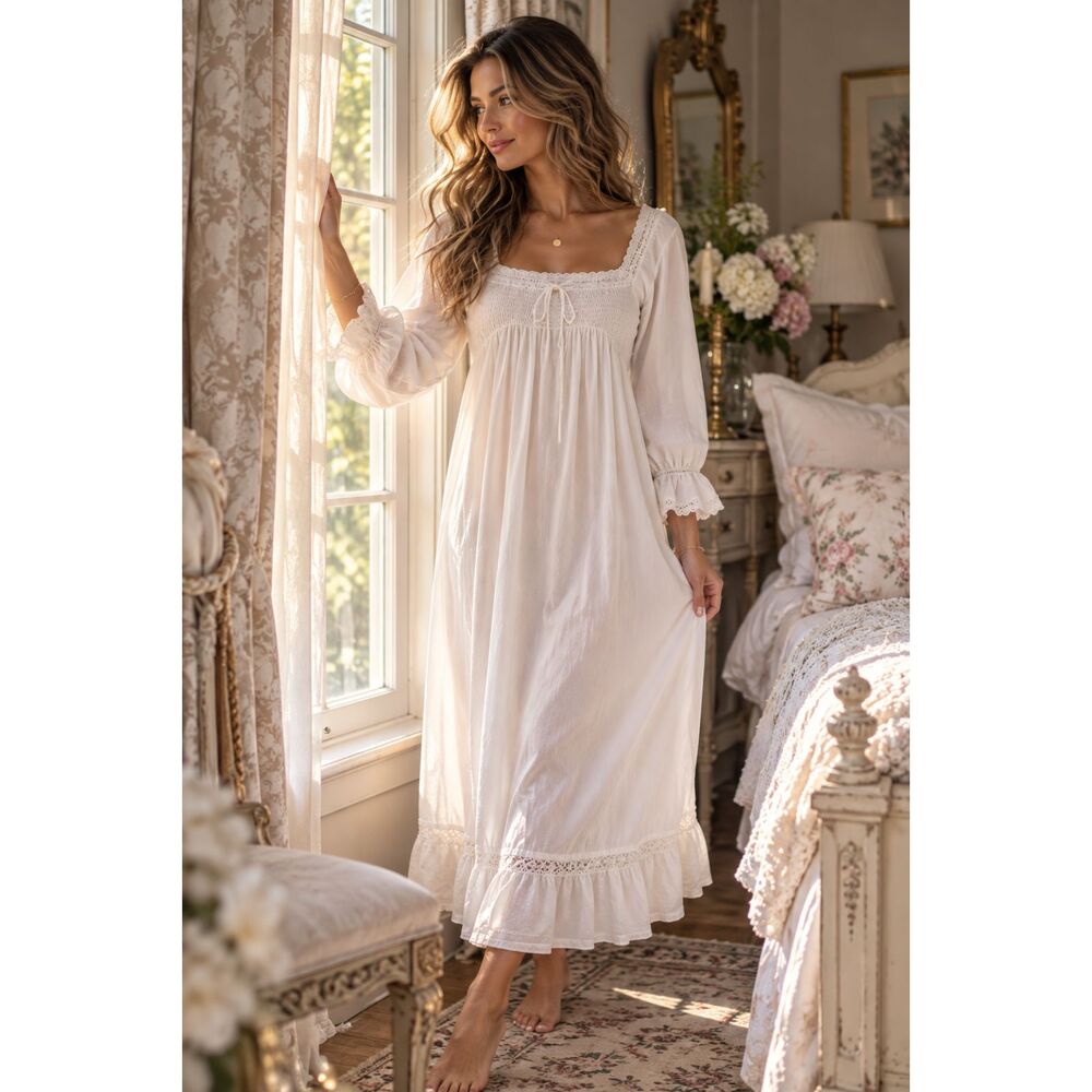 The 1 for U White Cotton Nightgown Womens M Long Sleeve Lace Cottagecore Prairie